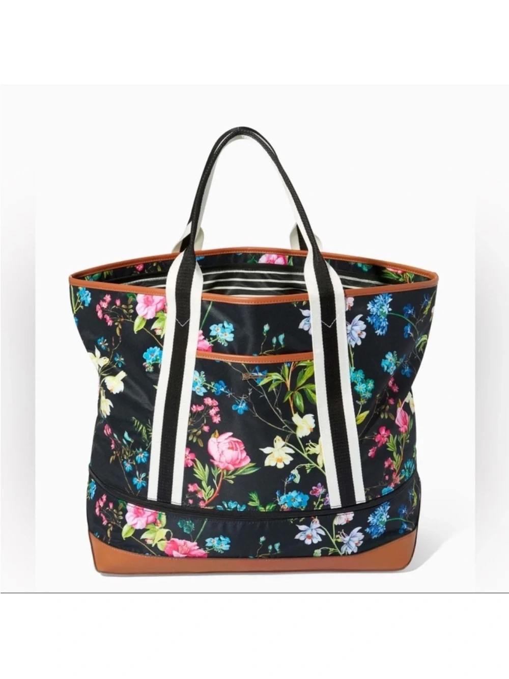 Stella & Dot Black Floral Canvas Tote with Brown Trim